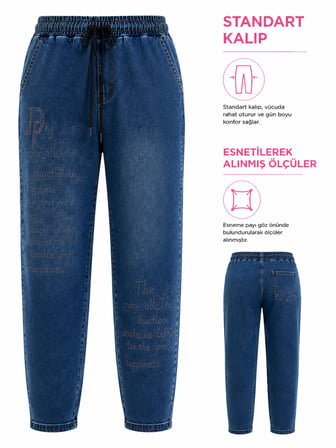 Büyük Beden Yüksek Bel Taş Yazı İşlemeli Beli Lastikli Bağcıklı Denim Kadın Pantolon