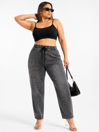 Büyük Beden Yüksek Bel Taş Yazı İşlemeli Beli Lastikli Bağcıklı Denim Kadın Pantolon