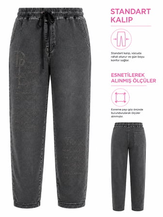Büyük Beden Yüksek Bel Taş Yazı İşlemeli Beli Lastikli Bağcıklı Denim Kadın Pantolon