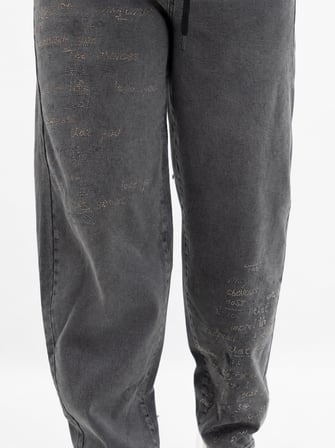 Büyük Beden Yüksek Bel Taş Yazı İşlemeli Beli Lastikli Bağcıklı Denim Kadın Pantolon