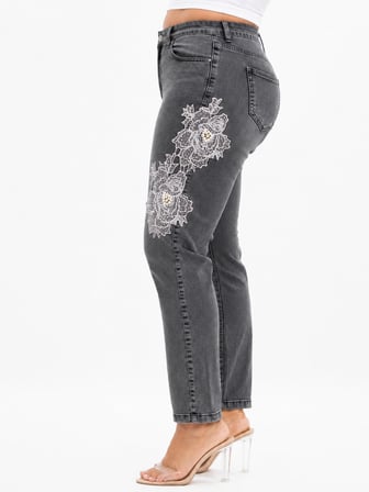 Büyük Beden Yüksek Bel Çiçek Dantel ve İnci Detaylı Denim Kadın Pantolon