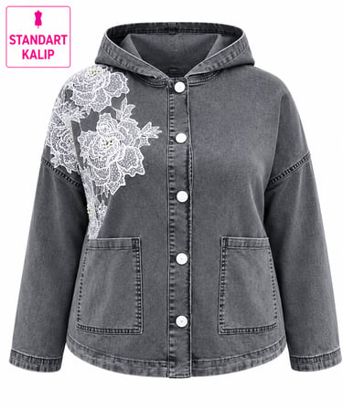 Büyük Beden Denim Kapüşonlu Gül Deseni İşlemeli Boncuklu Önden Cep Detaylı Düğmeli Kadın Ceket