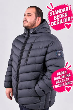 Büyük Beden Erkek 7XL-10XL Kapüşonlu Elyaf Dolgulu Astarlı Fermuarlı Kapitone Şişme Mont ANNEX