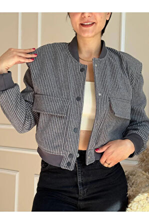 Gri Balıksırtı Vatkalı Torba Cepli Mevsimlik Bomber Ceket