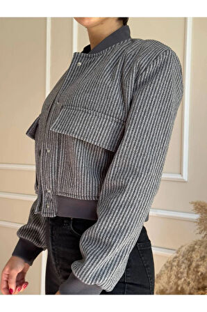 Gri Balıksırtı Vatkalı Torba Cepli Mevsimlik Bomber Ceket