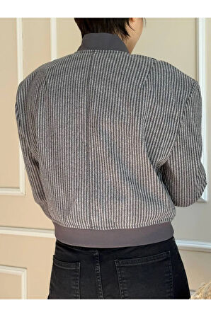 Gri Balıksırtı Vatkalı Torba Cepli Mevsimlik Bomber Ceket