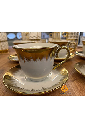 6 Kişilik Porselen Kahve Fincan Takımı – Gold Detaylı Şık Çay ve Kahve Seti Çeyizlik