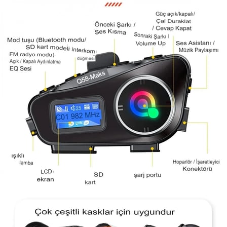 Q58-max Radyolu 2 Kişi Bağlantılı Bluetooth Kask Kulaklık Ekranlı Fenerli Müzik Ve Telsiz Intercom