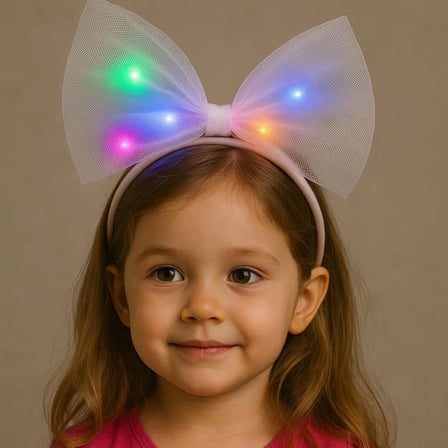 Rengarenk Led Işıklı Fiyonk Şekilli Tül Parti Tacı Beyaz Renk 25x25 Cm