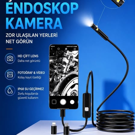 5 Metre Çift Kameralı İos/android Uyumlu Yılan Endoskop Kamera 8mm 2mp Led’li Sert Kablo