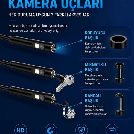 5 Metre Çift Kameralı İos/android Uyumlu Yılan Endoskop Kamera 8mm 2mp Led’li Sert Kablo