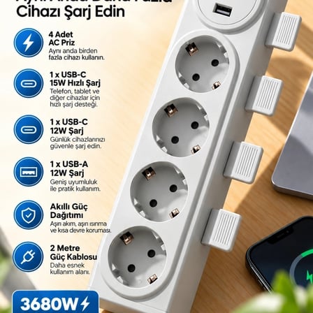 4’lü Akıllı Priz Tek Dokunuşla Fiş Çıkarma 2 Metre Kablo 2 Type-c + Usb 15w Hızlı Şarj 3680w Krem