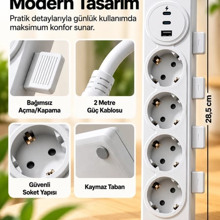 4’lü Akıllı Priz Tek Dokunuşla Fiş Çıkarma 2 Metre Kablo 2 Type-c + Usb 15w Hızlı Şarj 3680w Krem