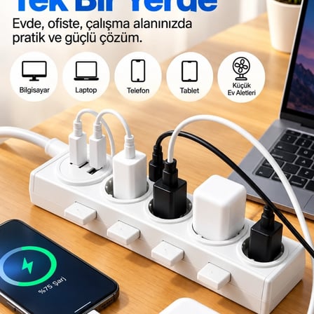 4’lü Akıllı Priz Tek Dokunuşla Fiş Çıkarma 2 Metre Kablo 2 Type-c + Usb 15w Hızlı Şarj 3680w Krem