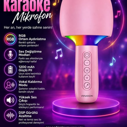 Çocuk Ve Yetişkin Karaoke Mikrofonu Kablosuz Rgb Ambiyans Işığı Ses Değiştirme Modlu Hoparlör
