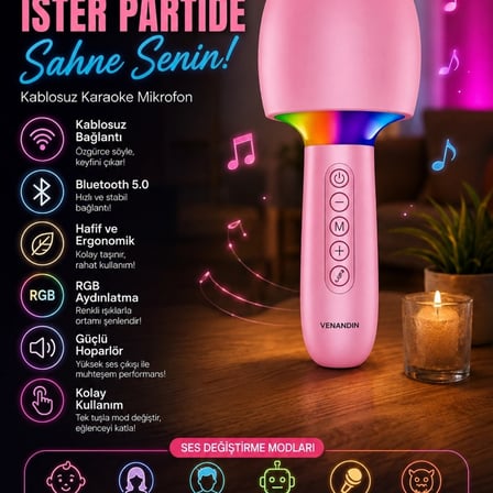 Çocuk Ve Yetişkin Karaoke Mikrofonu Kablosuz Rgb Ambiyans Işığı Ses Değiştirme Modlu Hoparlör