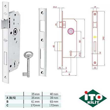 İto Ahşap İç Kapı Ekstra Gömme Kapı Kilitleri 740RK/40 Rulmanlı 40 mm