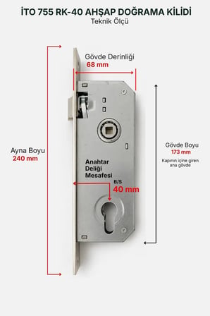 İto Kilit 755/RK40 Rulmanlı Silindirli Ahşap ve Demir Kapı Gömme Kilidi (40 mm)