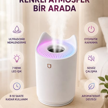 Hava Nemlendirici Buhar Makinesi Aromaterapi Led Işıklı Oda Nemlendirici
