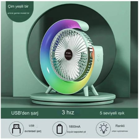 Masaüstü Vantilatör Usb Şarjlı Rgb Led Işıklı 3 Kademeli 180° Ayarlanabilir Soğutucu Fan Yeşil