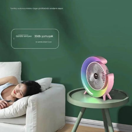 Masaüstü Vantilatör Usb Şarjlı Rgb Led Işıklı 3 Kademeli 180° Ayarlanabilir Soğutucu Fan Yeşil