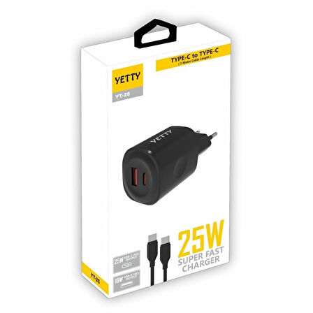PDAteknoloji Yetty Çift Çıkışlı PD 25w 3.0 Type-C to Type-C 1m Hızlı Şarj Kablosu - Siyah (Yerli Üretim)