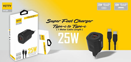 PDAteknoloji Yetty Çift Çıkışlı PD 25w 3.0 Type-C to Type-C 1m Hızlı Şarj Kablosu - Siyah (Yerli Üretim)