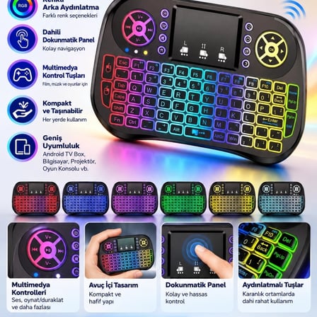 Zk-08 Rgb Işıklı Mini Kablosuz Klavye Touchpad Bluetooth Ve 2.4g Smart Tv Kumandası