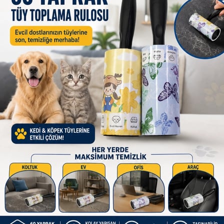 60 Yaprak Tüy Toplama Rulosu Kedi Köpek Tüy Toplayıcı Ev Koltuk Araç Ofis Temizlik Rulosu