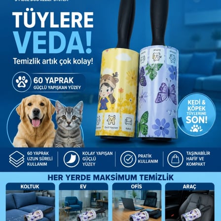 60 Yaprak Tüy Toplama Rulosu Kedi Köpek Tüy Toplayıcı Ev Koltuk Araç Ofis Temizlik Rulosu