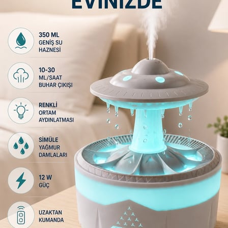 Rgb Işıklı Yağmur Efektli Hava Nemlendirici 350 Ml Sessiz Çalışma Uzaktan Kumanda