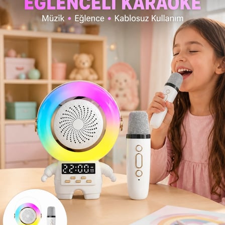 Renkli Işıklı Astronot Mini Bluetooth Speaker Ve Karaoke Mikrofon