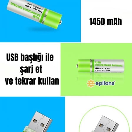 Usb İ̇Le Şarj Olabilen 2 Li 1450 Mah Lityum Kalın Şarjlı Kalem Pil