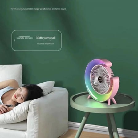 Masaüstü Vantilatör Usb Şarjlı Rgb Led Işıklı 3 Kademeli 180° Ayarlanabilir Soğutucu Fan Pembe