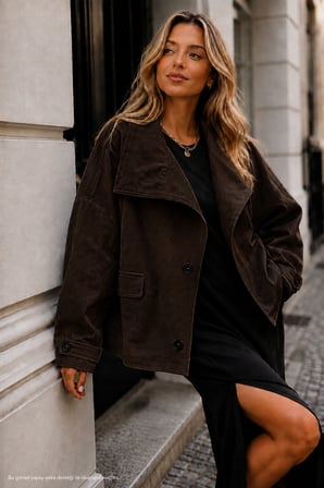 Kadın Koyu Kahve Kadifemsi Dokulu Geniş Kesim Oversize Ceket-0050840367