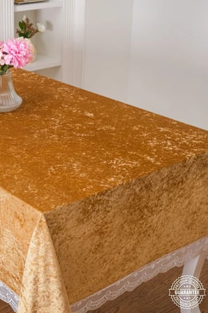 Pera Lüx Dantelli Kadife Kumaş Vizon Masa Örtüsü 160x220 Cm 1011