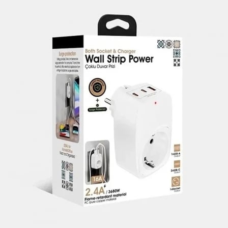 Tekli Yüksek Voltaj Korumalı Duvar Prizi 2x Type-c 1x Usb Çıkışlı Priz Grup Priz Çoğaltıcı Beyaz