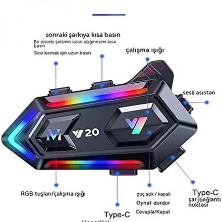 Y20 Motor Kurye Kask Kulaklık Rgb Modlu Bluetooth Motosiklet Kulaklık 5.3 Bluetooth Interkom