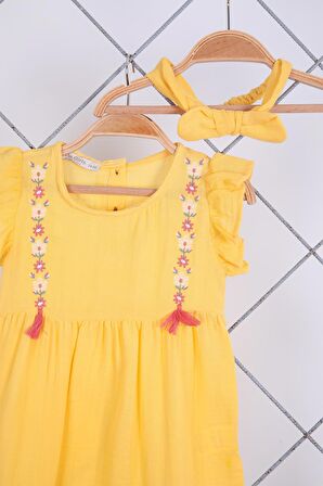 Babyhola %100 Pamuk Nakışlı Kız Bebek Yazlık Müslin Tulum Saç Bandı 2'li Bayramlık Set Sarı 5102