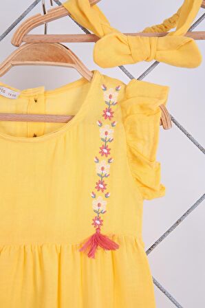 Babyhola %100 Pamuk Nakışlı Kız Bebek Yazlık Müslin Tulum Saç Bandı 2'li Bayramlık Set Sarı 5102