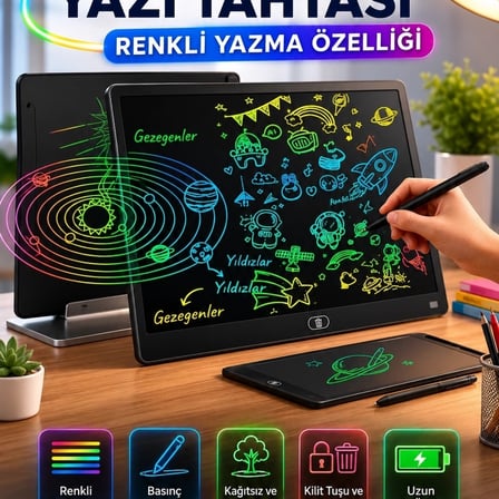 20 Inc Renkli Lcd Grafik Dijital Kalemli Çizim Tableti Yazı Tahta Not Yazma Eğitim Tableti Siyah