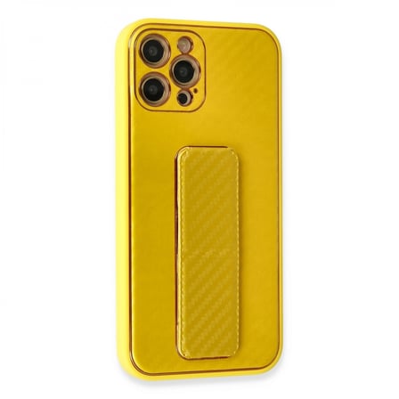Apple İphone 12 Pro Max Kılıf Coco Karbon Standlı Kapak - Sarı