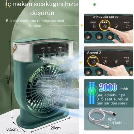 Şarjlı 600 Ml Su Hazneli Taşınabilir Masaüstü Vanilatör  Güçlü Fan Ve 2000 Mah Pil Siyah