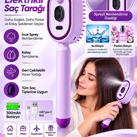 Elektrikli Spreyli Saç Tarağı 300 Mah Type‑c Şarjlı İnce Spreyli Antistatik Bakım Fırçası Mor