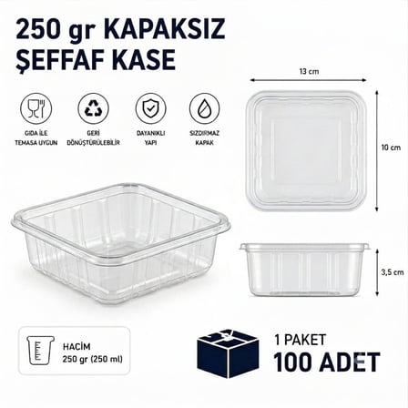 250 gr Kapaksız Şeffaf Plastik Kase - 100 Adet