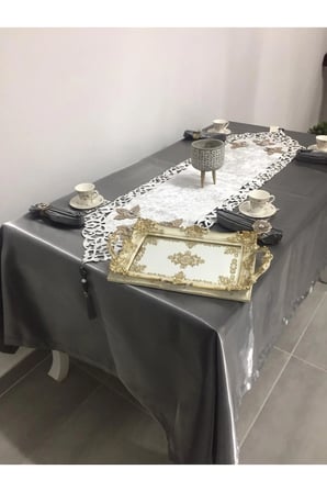 Afife Kadife Gümüşe Füme Sofra Takımı 8 Kişilik 160x230 Cm 34 Prç.  685