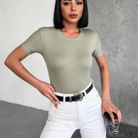 Rahat Ve Şık Kısa Kollu Bisiklet Yaka Likralı Viskon Penye Body Haki