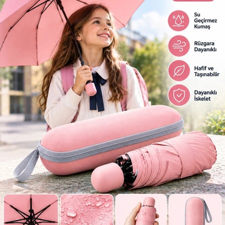 Okul İş Ve Günlük Kullanıma Uygun Pembe Kapsül Şemsiye Pratik Taşınabilir Tasarım