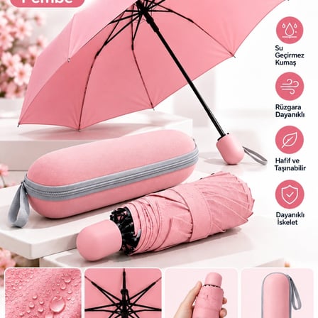 Okul İş Ve Günlük Kullanıma Uygun Pembe Kapsül Şemsiye Pratik Taşınabilir Tasarım
