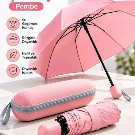 Okul İş Ve Günlük Kullanıma Uygun Pembe Kapsül Şemsiye Pratik Taşınabilir Tasarım